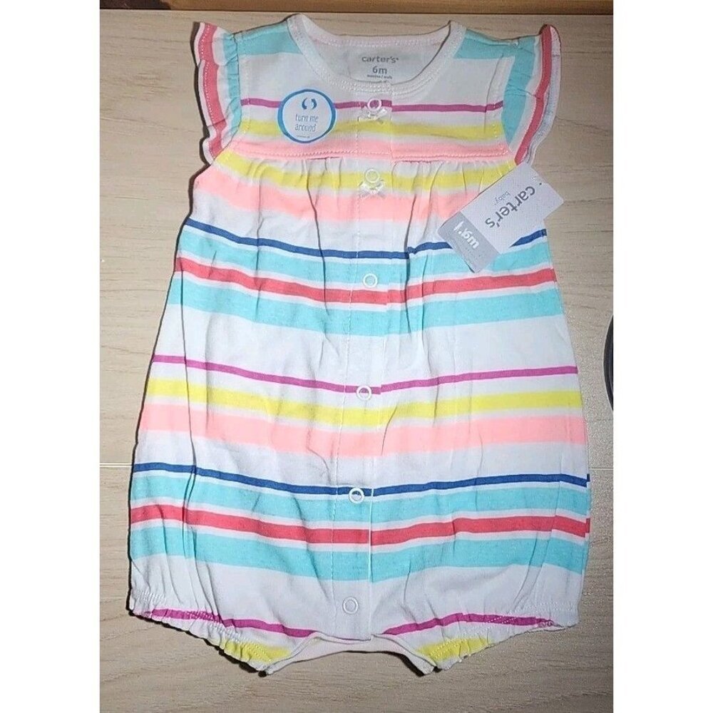 Carter's Baby Girl Sleeveless Romper 6M Stripes Multi Color Heart On Backside